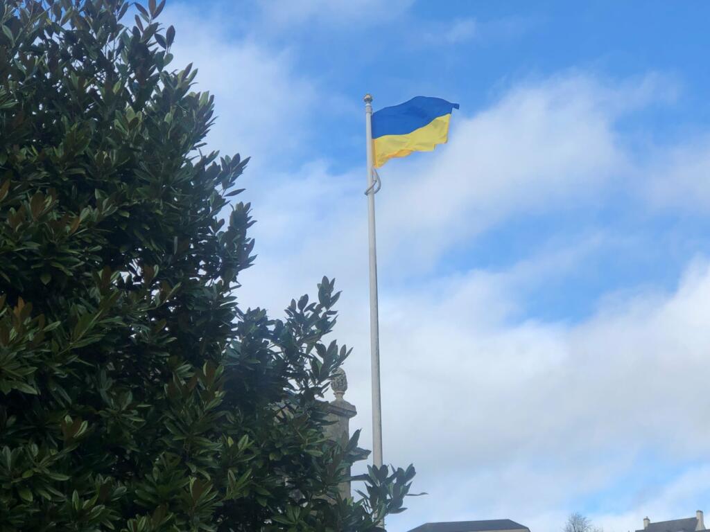 Ukrainian national flag flying in Westbury Garden